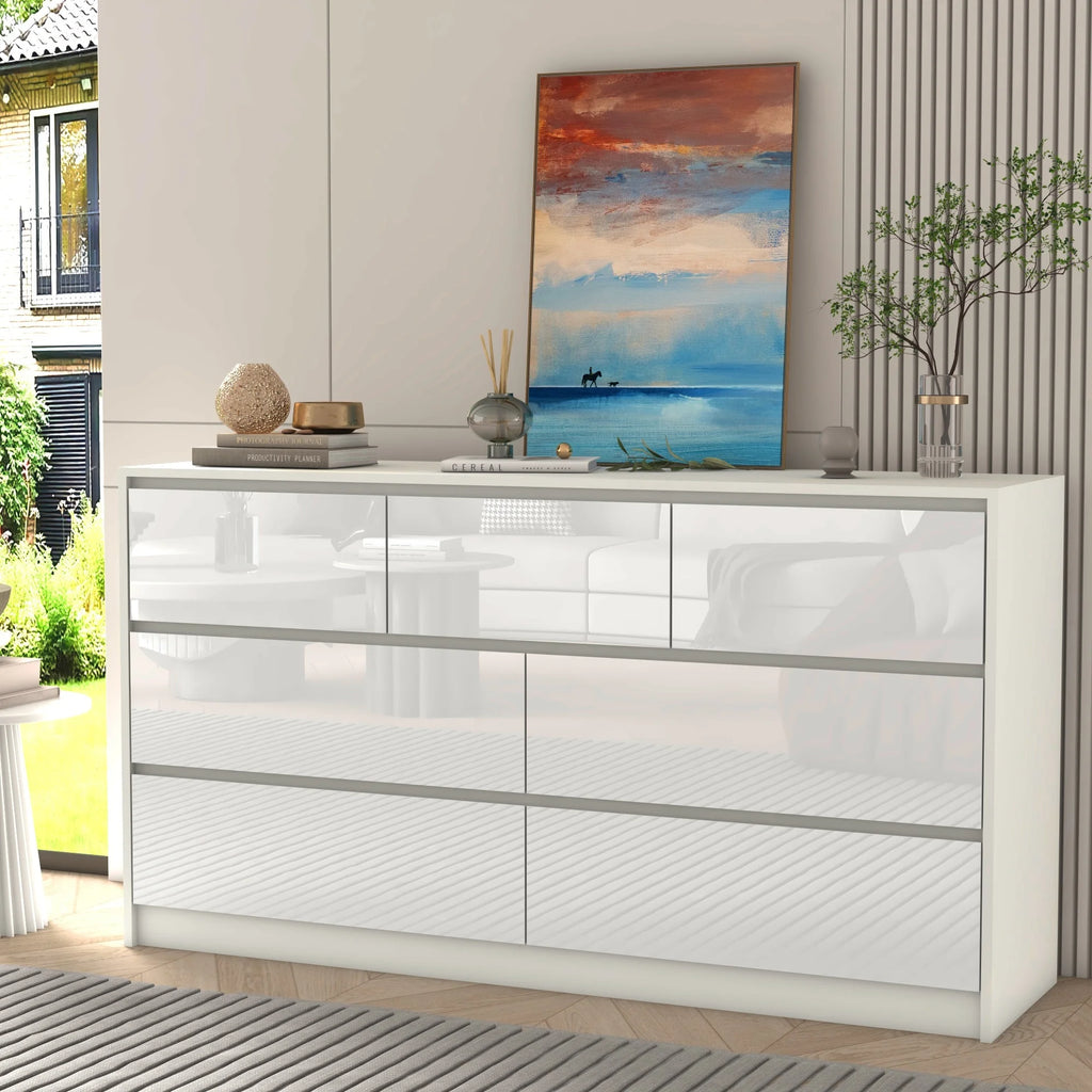 7 Drawer Dresser for Bedroom, 55 Inch Modern Dresser with High Gloss Drawers, Large Wood Chest of Drawer, White/Black Shopifynow