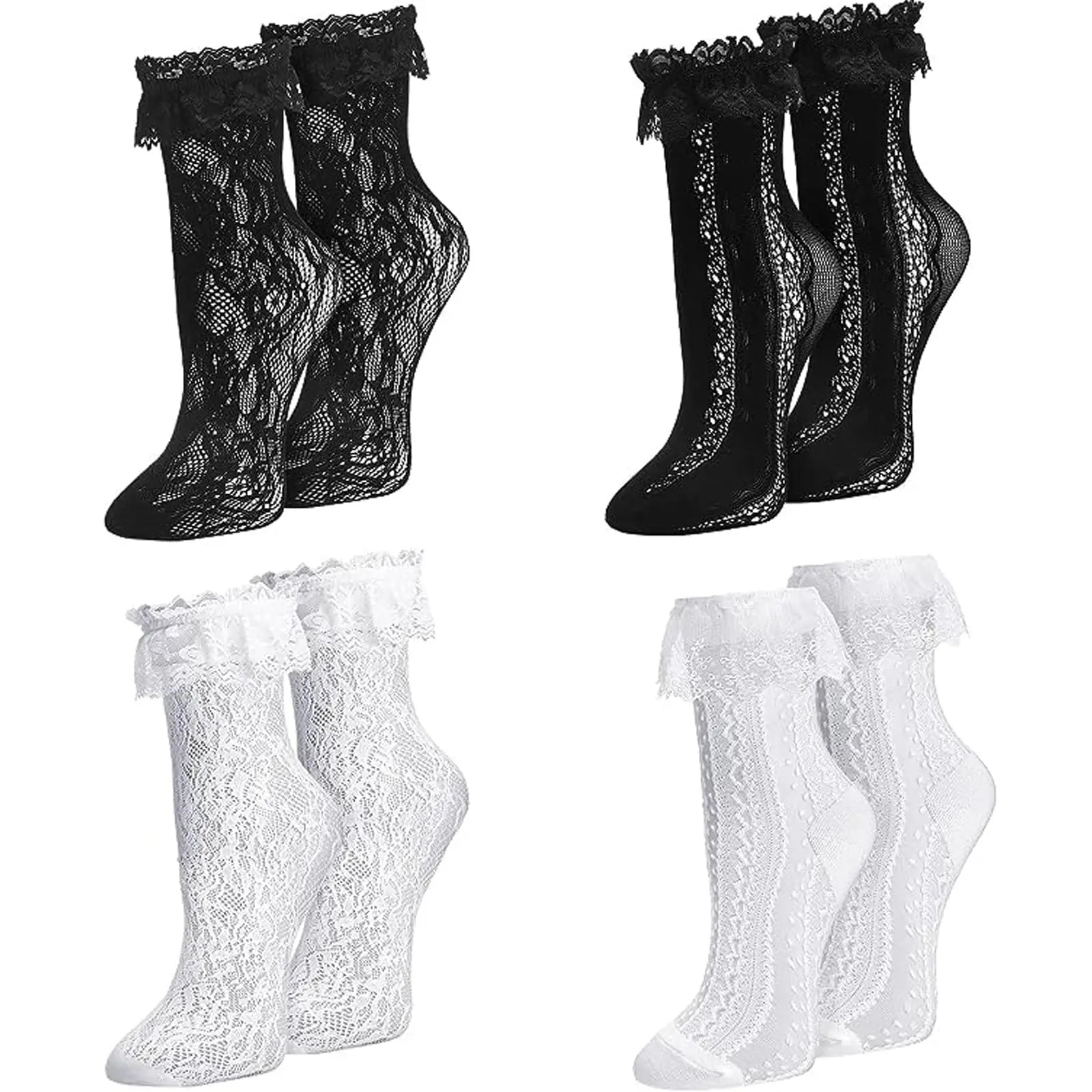 4/8 Pairs Women's Elegant Lace Socks with Ruffles, Frills & Geometric Patterns - Hollow Mesh Lolita Style Stockings, Cute Socks Shopifynow