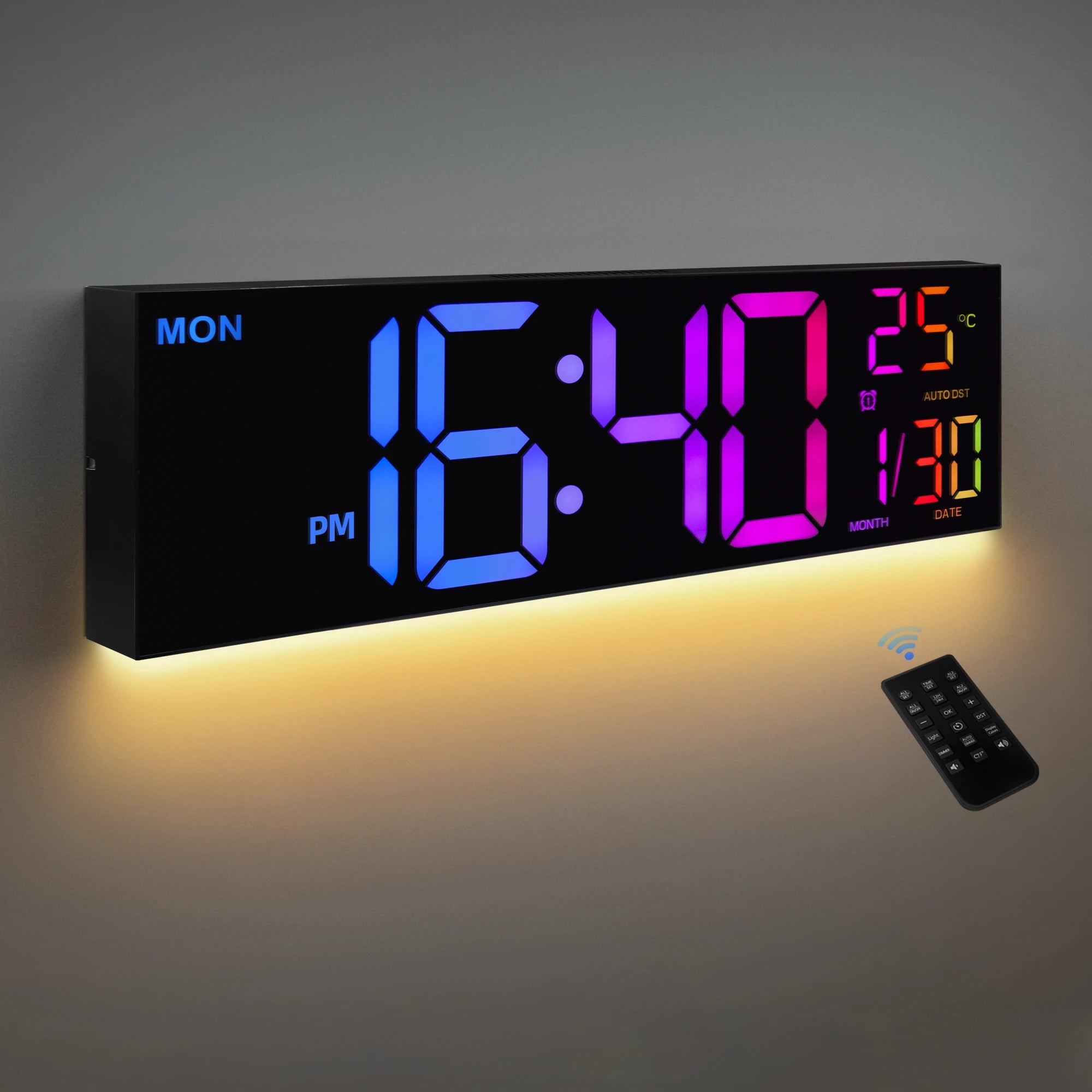 16" Large Digital Wall Clock, Big LED Display with Remote, 8 RGB Color, Alarm, DST, Temperature for Living Room, Kitchen Shopifynow