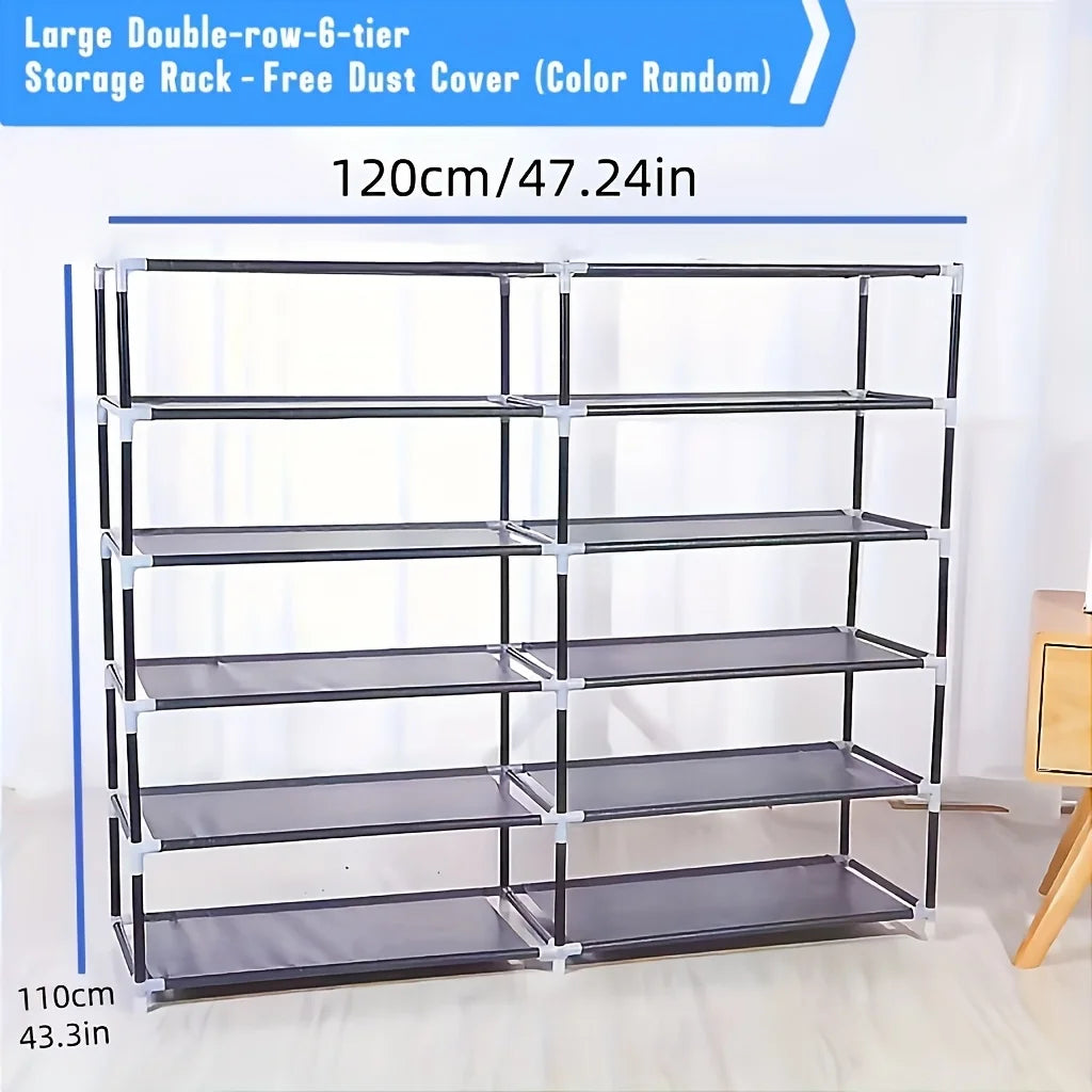 6-layer double row shoe rack with dust cover, easy to assemble and store shoes, black plastic design, 12 grid storage rack Shopifynow