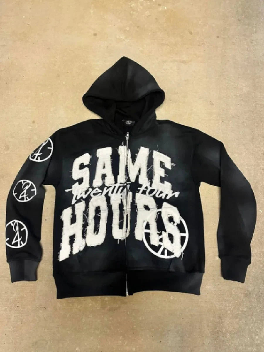 Men's Letter Zipper Embroidery Hoodie Street “Same Hours”Hip-hop Style Vintage Aesthetic Sweatshirt Shopifynow