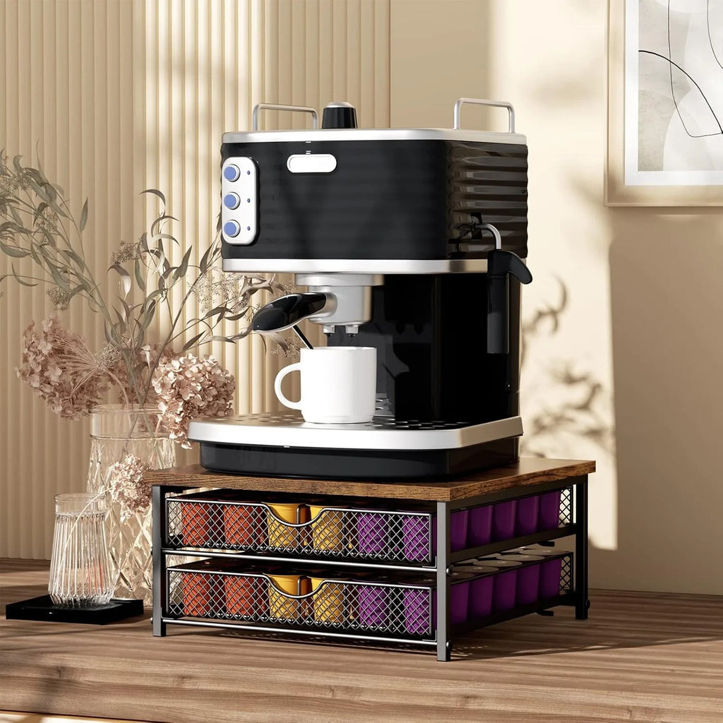 2-Tier 72-Cap Coffee Pod Organizer | Industrial Brown/Black Drawer w/ Baskets | Space-Saving K-Cup Storage Shopifynow