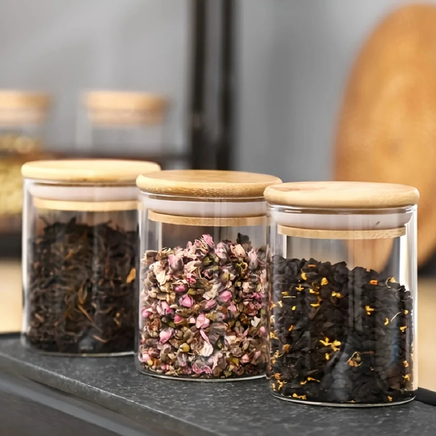 12pcs/set Airtight Glass Storage Jar with Bamboo Lid for Tea,Coffee,Sugar Portable and Transparent Container for Home Kitchen Shopifynow