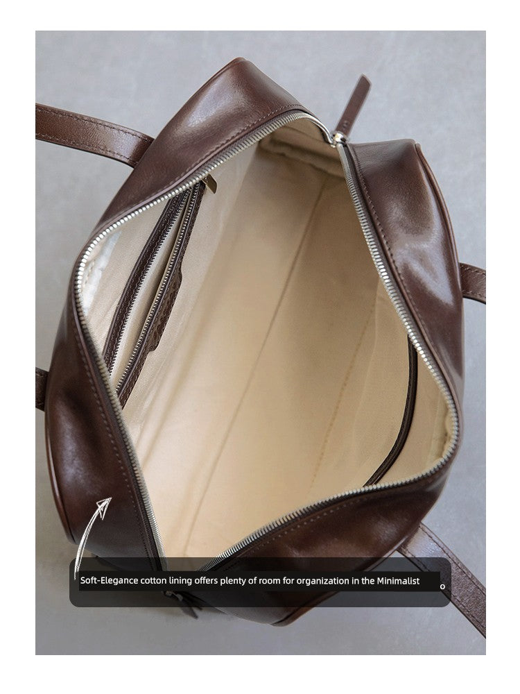 Fan Jia Leather Vegetable Tanned Full-Grain Leather Cowhide Leather Women's 2025 New Arrival Boston Shoulder Work Clothing Bowling Bag Shopifynow