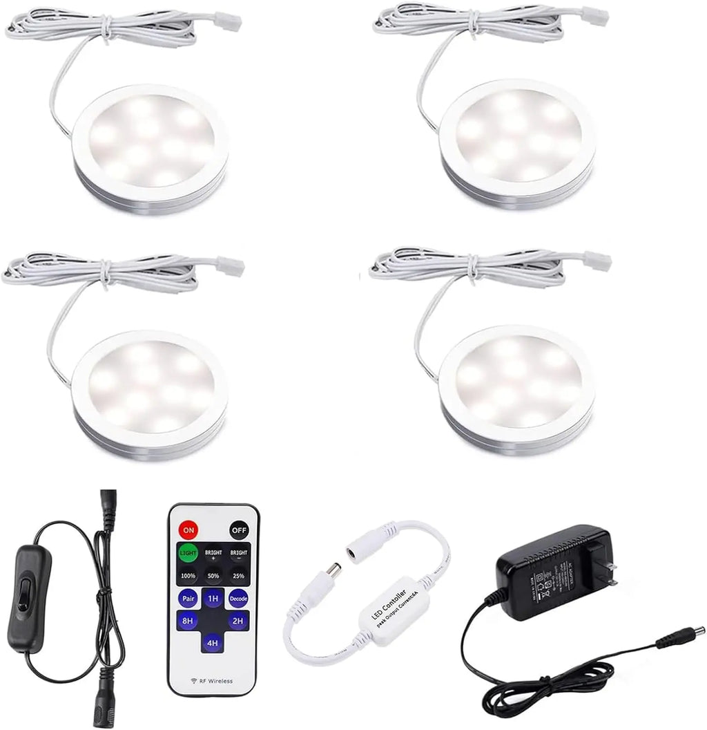 4 Pack LED Puck Lights with Remote, Under Cabinet Kitchen Lights Plug in, Dimmable Under Counter Light Fixtures