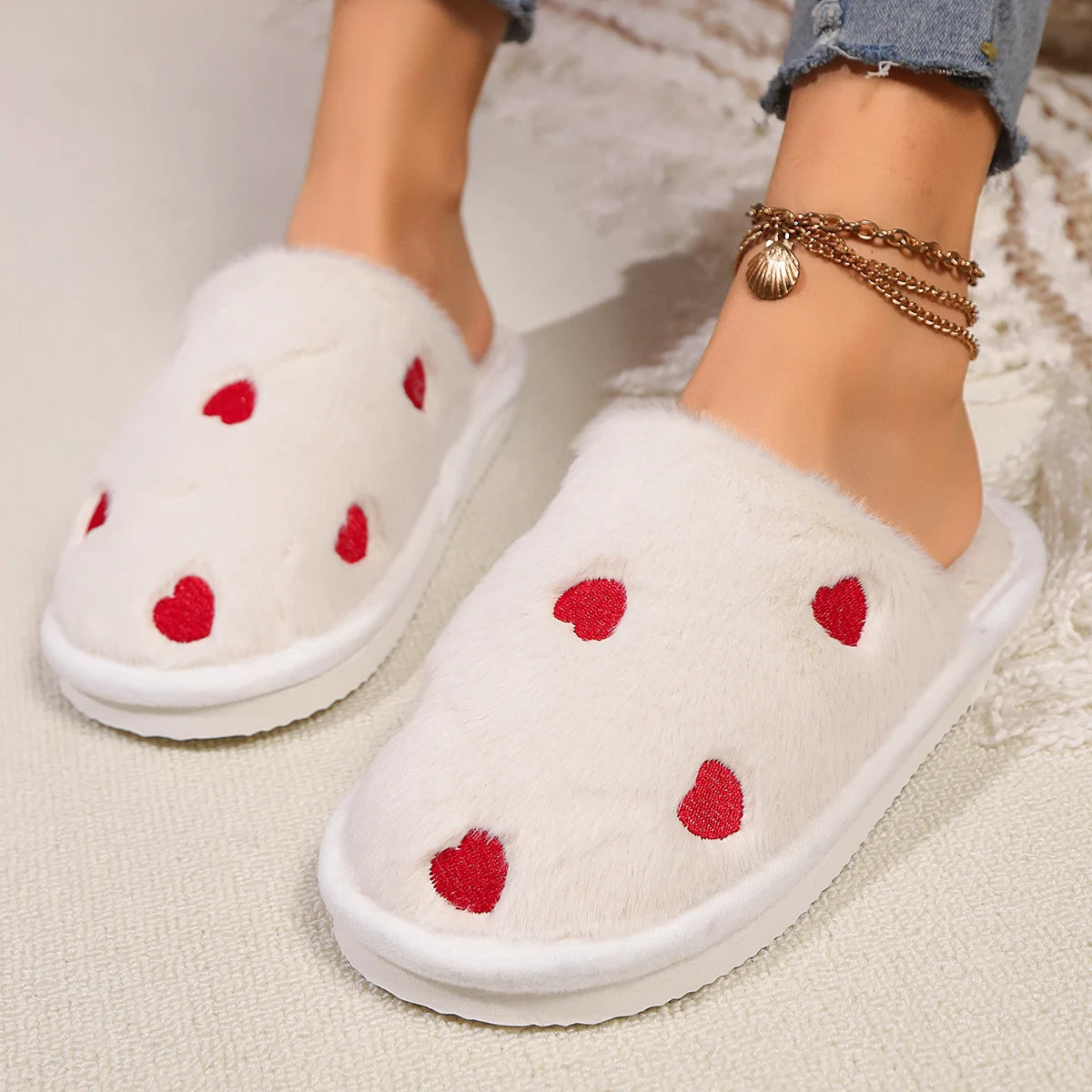 High Quality Women Heart Fleece Slippers Winter Home Fur Fuzzy Memory Foam Shoes Female Indoor Sweet Slides Cozy Cute Footwear Shopifynow