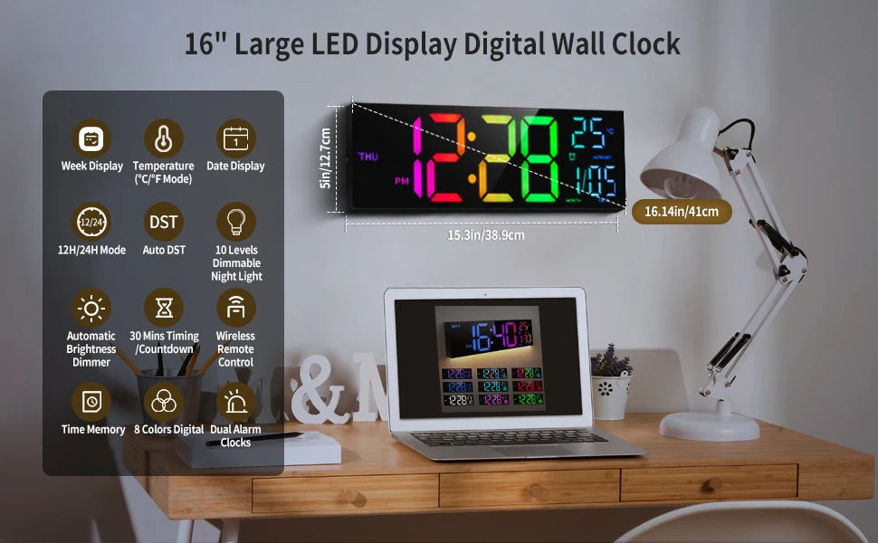 16" Large Digital Wall Clock, Big LED Display with Remote, 8 RGB Color, Alarm, DST, Temperature for Living Room, Kitchen Shopifynow