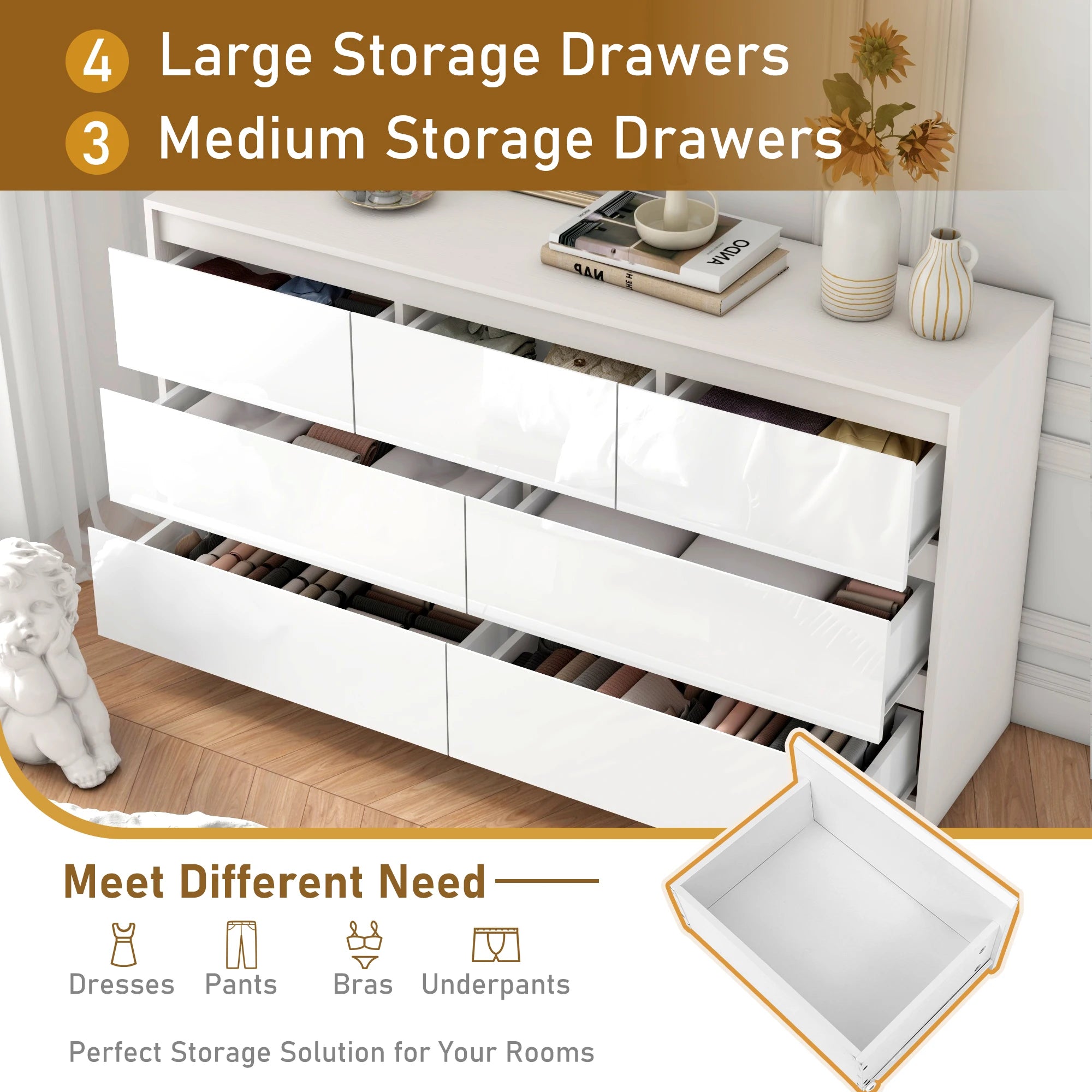 7 Drawer Dresser for Bedroom, 55 Inch Modern Dresser with High Gloss Drawers, Large Wood Chest of Drawer, White/Black Shopifynow