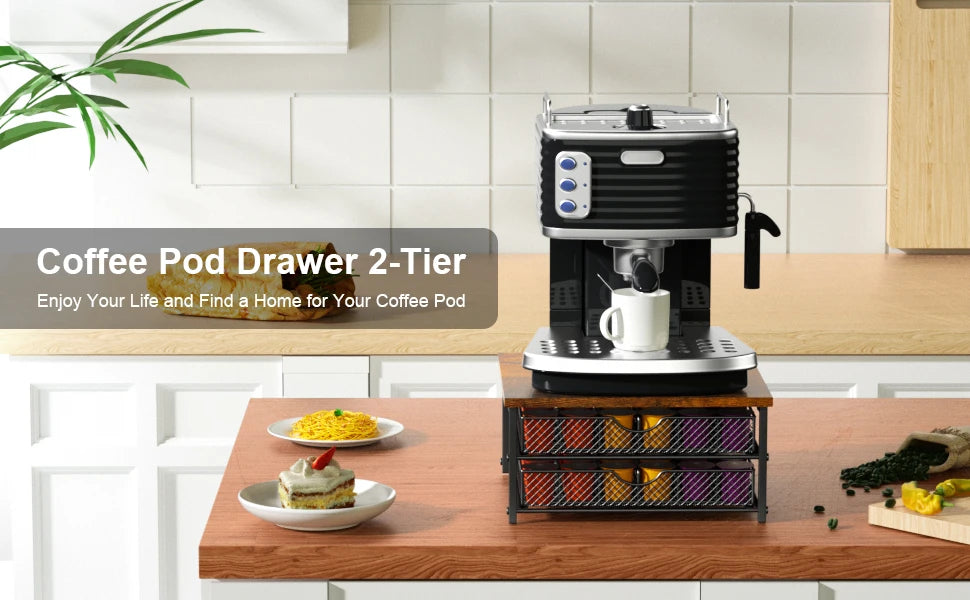 2-Tier 72-Cap Coffee Pod Organizer | Industrial Brown/Black Drawer w/ Baskets | Space-Saving K-Cup Storage Shopifynow