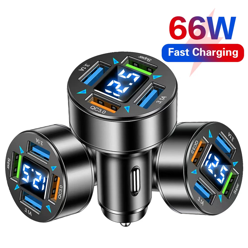 66W Car Charger 4-Port Fast Charging Blue Light Power Socket QC 3.0 Phone Charge Adapter in Car for Xiaomi iPhone Samsung Shopifynow