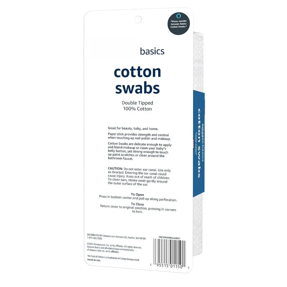 Basics Cotton Swabs for Personal Hygiene and Baby Care, 2000 Count, 4 Pack of 500 Count