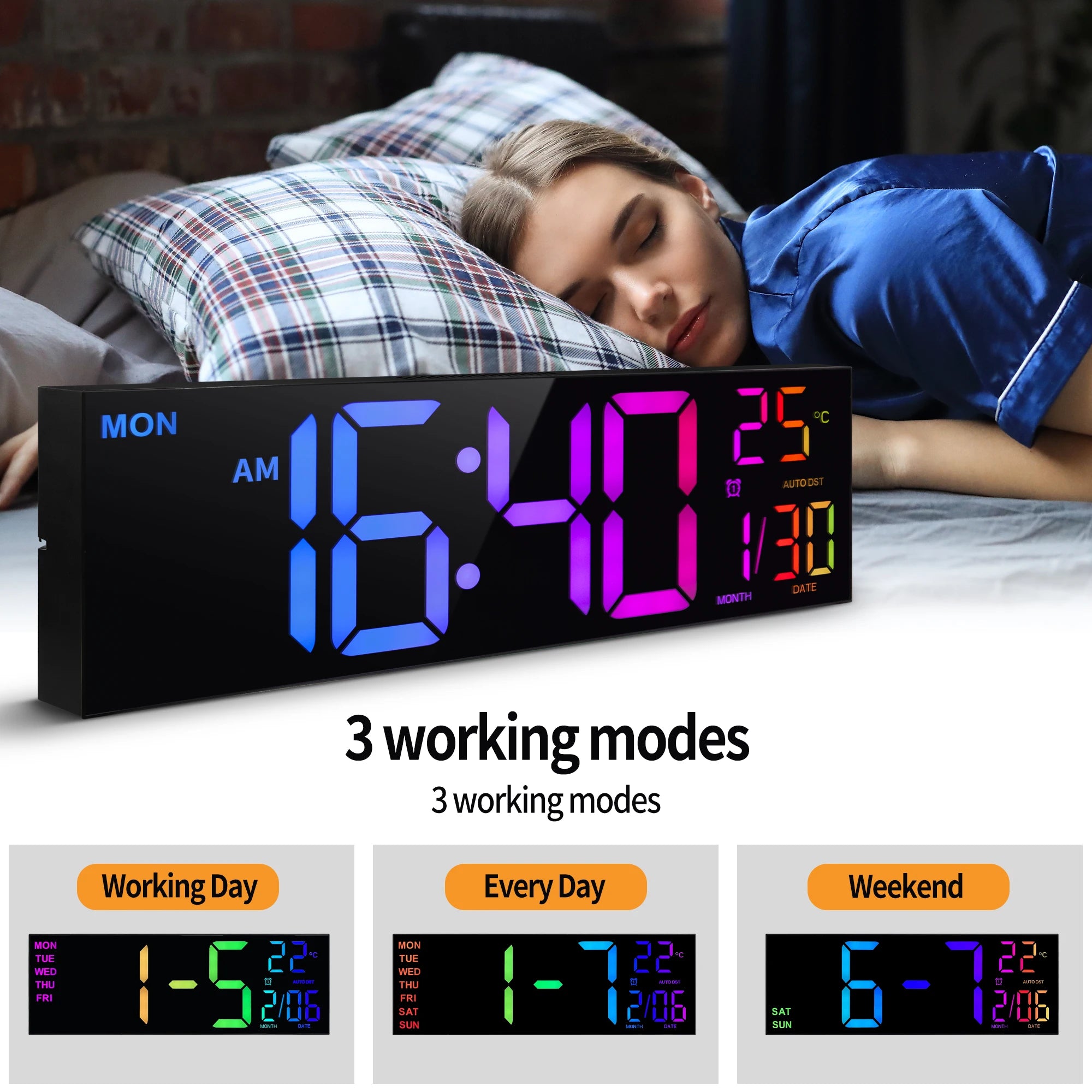 16" Large Digital Wall Clock, Big LED Display with Remote, 8 RGB Color, Alarm, DST, Temperature for Living Room, Kitchen Shopifynow