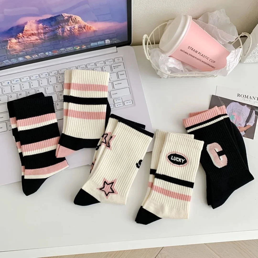 5 Pairs of Cozy Patchwork Crew Socks - Soft, Breathable, and Comfy Mid Tube Socks for Fall & Winter - Hand Washable Shopifynow
