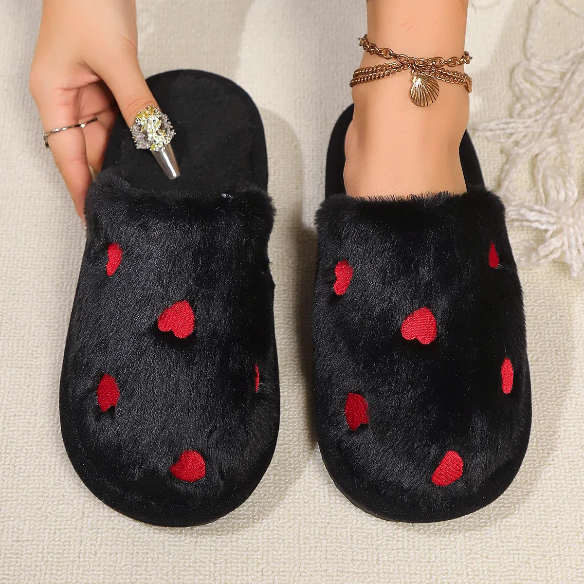 High Quality Women Heart Fleece Slippers Winter Home Fur Fuzzy Memory Foam Shoes Female Indoor Sweet Slides Cozy Cute Footwear Shopifynow