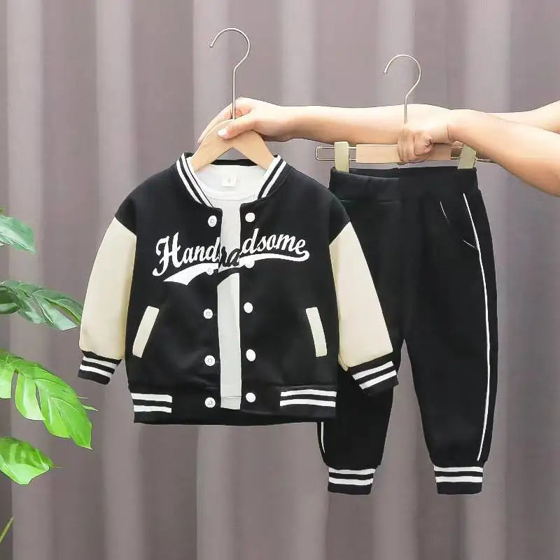 Boys' autumn letter baseball single-breasted jacket+round neck printed cotton long sleeve+striped sweatpants 3Pcs suit Shopifynow