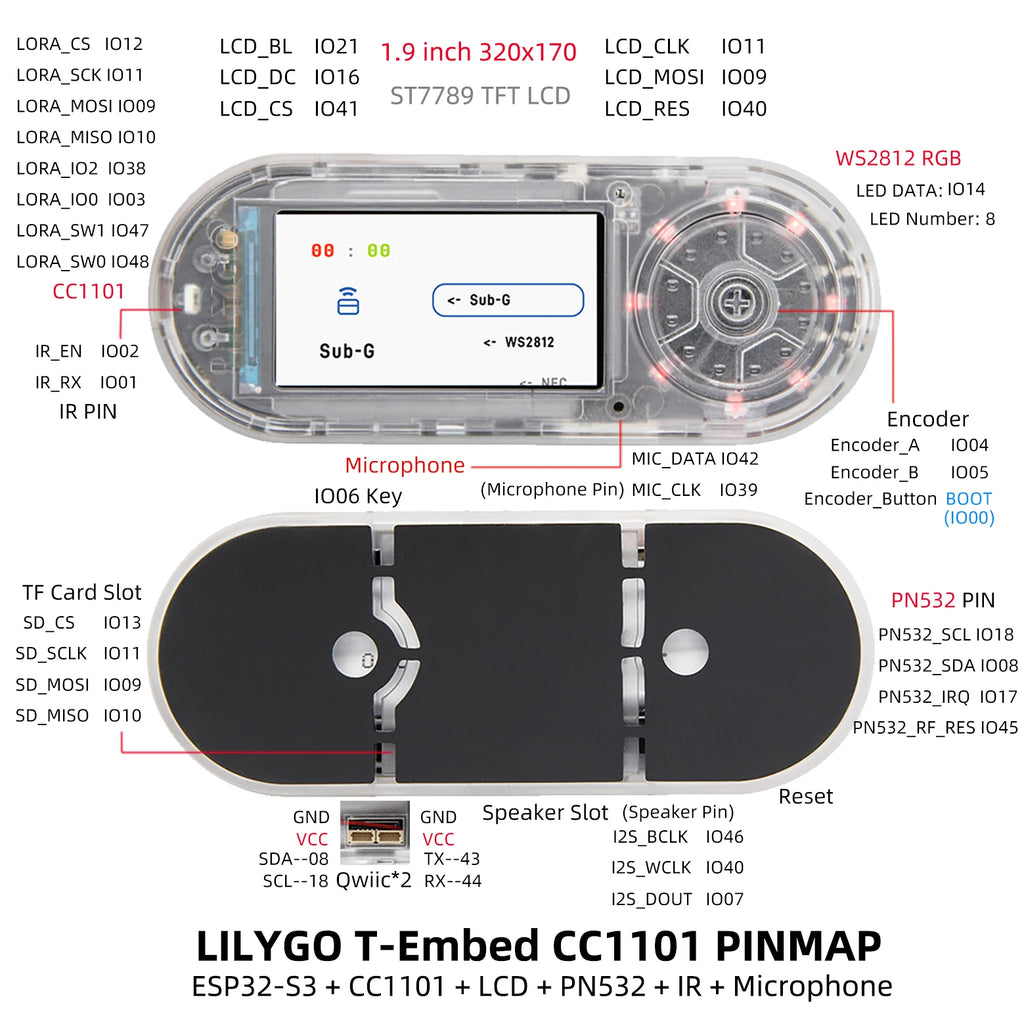 LILYGO® T-Embed ESP32-S3 CC1101 Low-Power Sub-1 GHz RF Transceiver PN532 NFC RFID I2C Module LCD Board Built-in Battery 1300mAh - Shopifynow