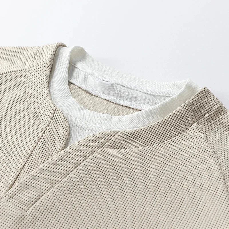 Spring and Autumn New Men Henley neck T Shirt Long Sleeve Casual  Solid color T-Shirt Fashion Waffle Fake two-piece Sweatshirts Shopifynow