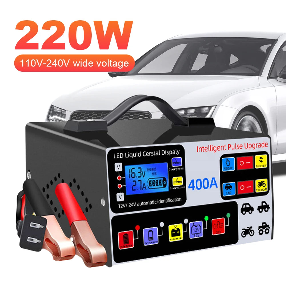 400A Heavy Duty Smart Battery Charger LCD Display Car Battery Charger 12/24V Intelligent Pulse Repair Charger High Power