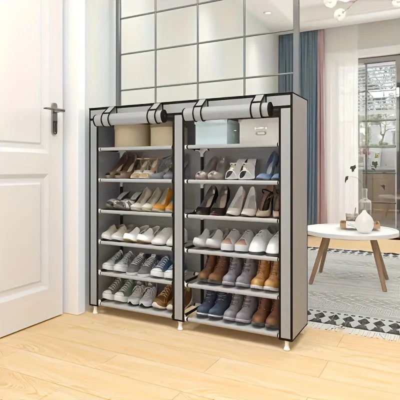 6-layer double row shoe rack with dust cover, easy to assemble and store shoes, black plastic design, 12 grid storage rack Shopifynow