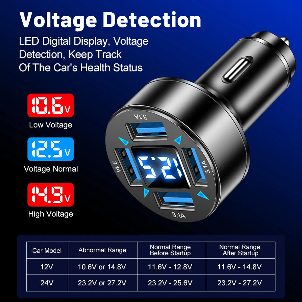 66W Car Charger 4-Port Fast Charging Blue Light Power Socket QC 3.0 Phone Charge Adapter in Car for Xiaomi iPhone Samsung Shopifynow