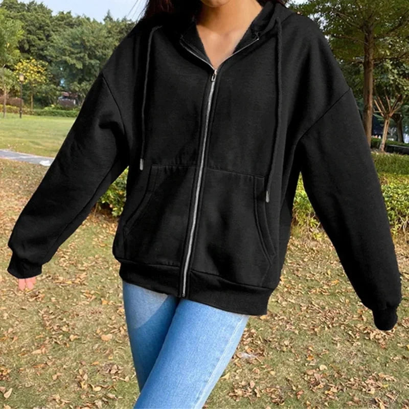 Autumn Fleece Hoodie Solid Color Hooded Korean Fashion Sweatshirts Long Sleeve Top Drawstring Pockets Loose Zipper Black Hoodies Shopifynow
