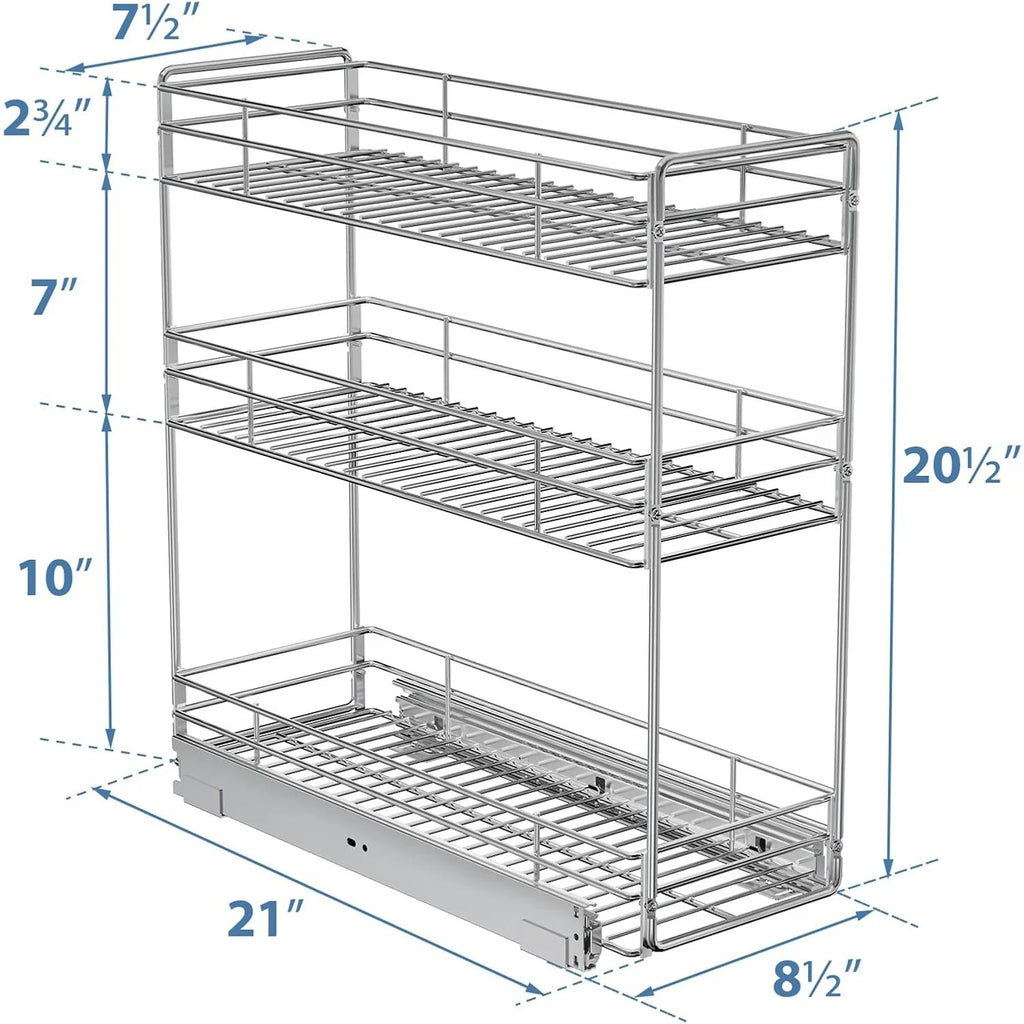 3-Tier Pull Out Cabinet Organizer for Narrow Cabinet (8.5" W X 20.5" D), Kitchen Cabinet Organizer and Storage Cabinet Pull Out