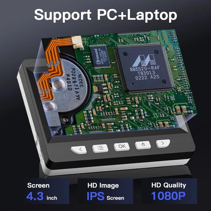 Digital Microscope 4.3" IPS USB Coin Microscope 1000X Magnification 2MP Ultra-Precise Focusing Soldering Microscopes for Repair Shopifynow