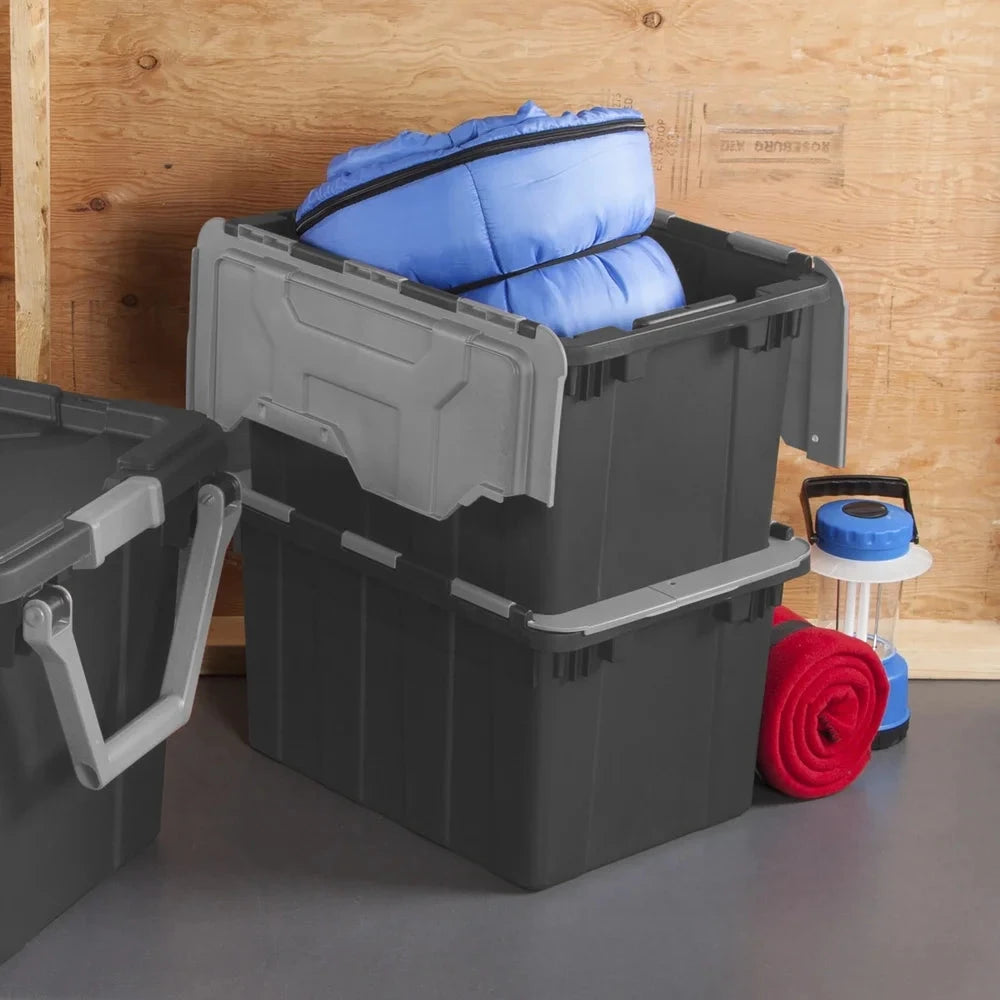 12 Gallon Industrial Tote Heavy Duty Hinged Lid Storage Container Stackable with Handles Zip Tie Access Garage Basement Shopifynow