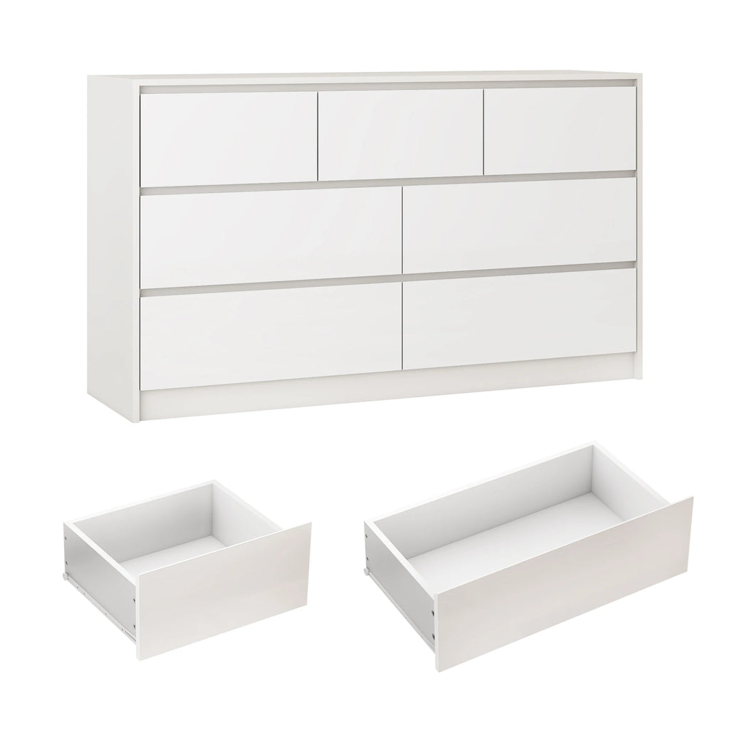 7 Drawer Dresser for Bedroom, 55 Inch Modern Dresser with High Gloss Drawers, Large Wood Chest of Drawer, White/Black Shopifynow