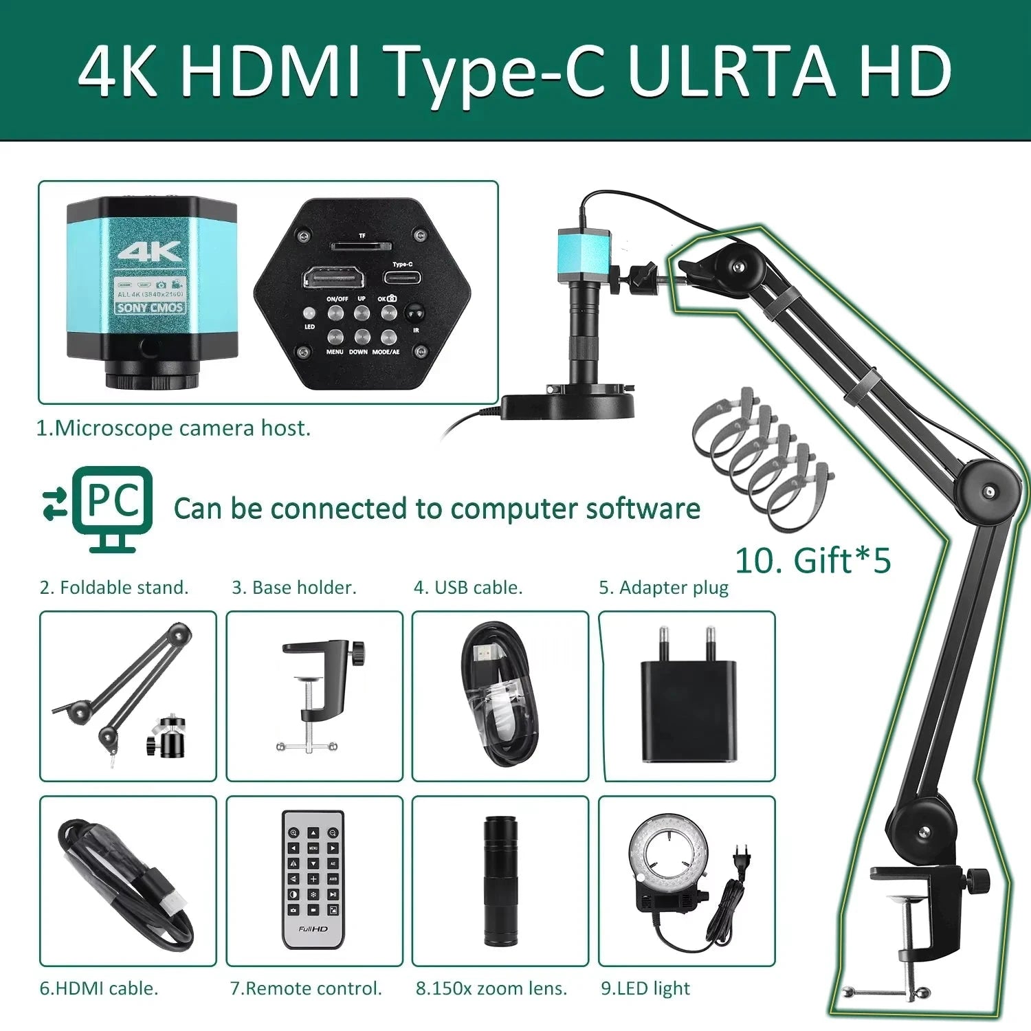 HD 4K Electron Microscope For Soldering 48MP HDMI USB Digital Camera Sony Sensor 150X Lens Reinforced Bracket Reduces Vibration Shopifynow
