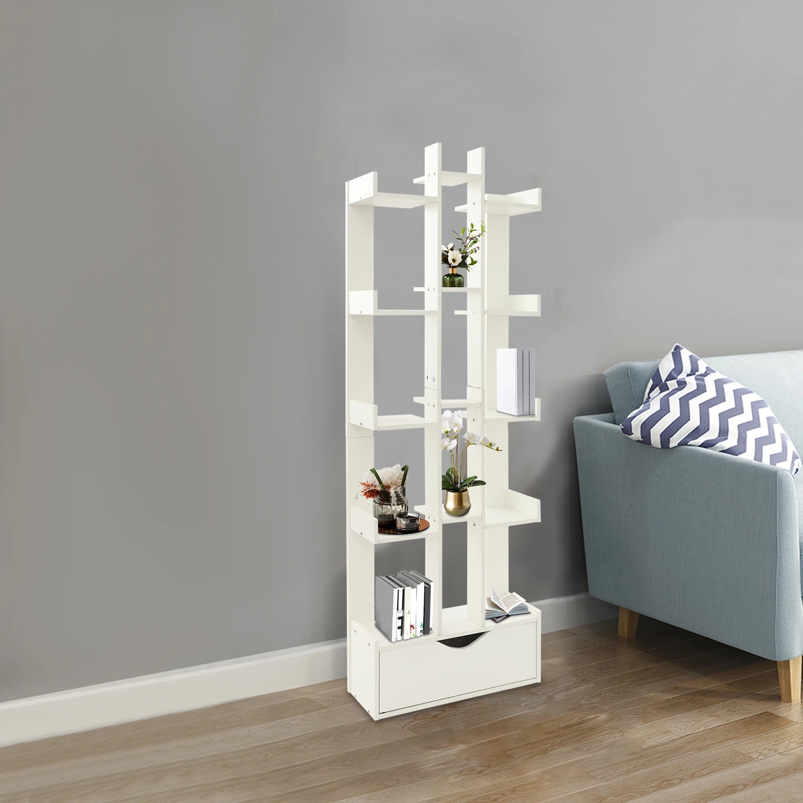 Bookcase 15-Compartment Bookcase with Cabinet Floor Standing Bookcase Each Tier Load Capacity About 5kg For Study Rooms Offices