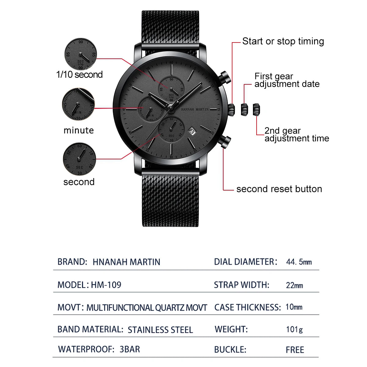Hannah Martin Top Men Watch Brand Business Style Stainless Steel Fashion Waterproof Sports Multifunctional Quartz Watch for Men - Shopifynow
