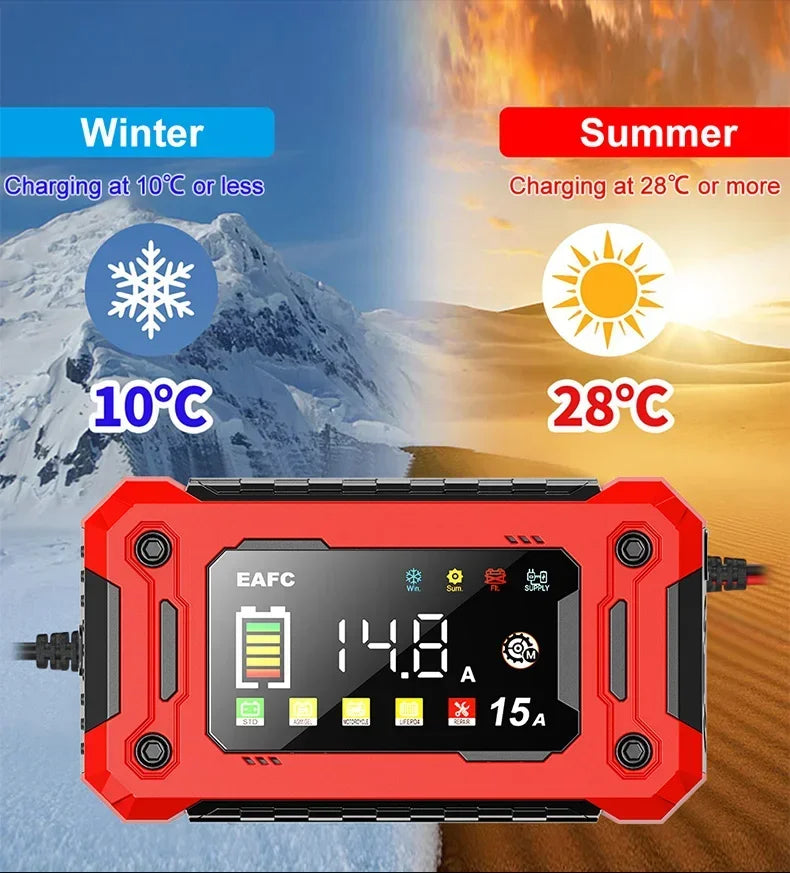 12V15A Car Smart Pulse Repair Charger suitable for cars, motorcycles, boats, AGM, GEL, WET lead-acid batteries Shopifynow