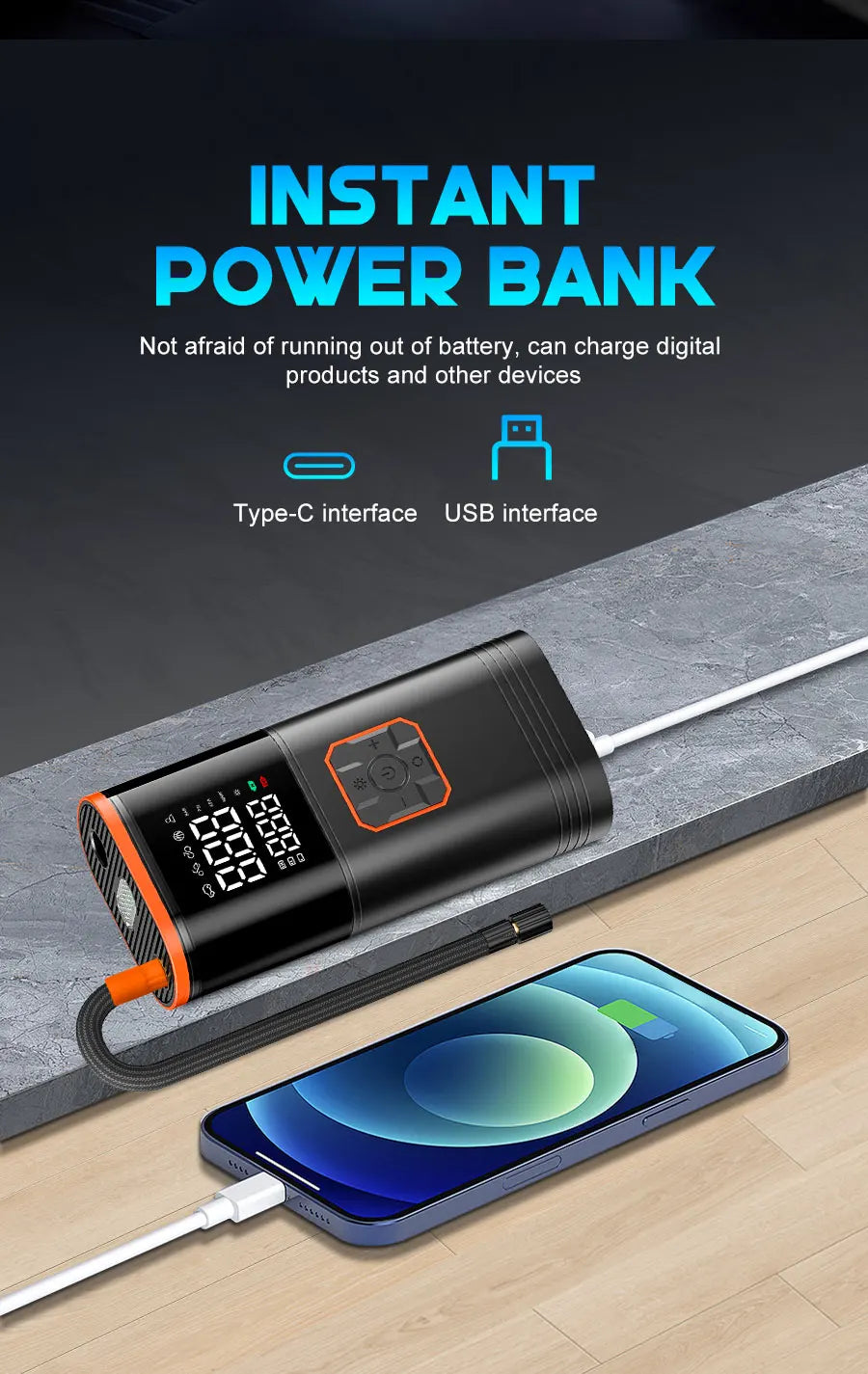 Digital Display Portable Tire Inzzator, USB Rechargeable Air Compressor for Car Bike Motorcycle Tires, Balls, Inflatable Toys Shopifynow