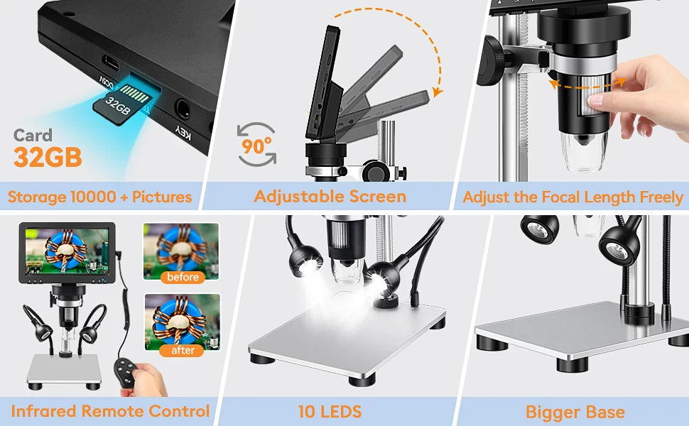 Hayve 7 inch Digital Microscope 1200x Coin Microscope Professional Electron Microscopios For Repairing With 10 LEDs， PC View - Shopifynow