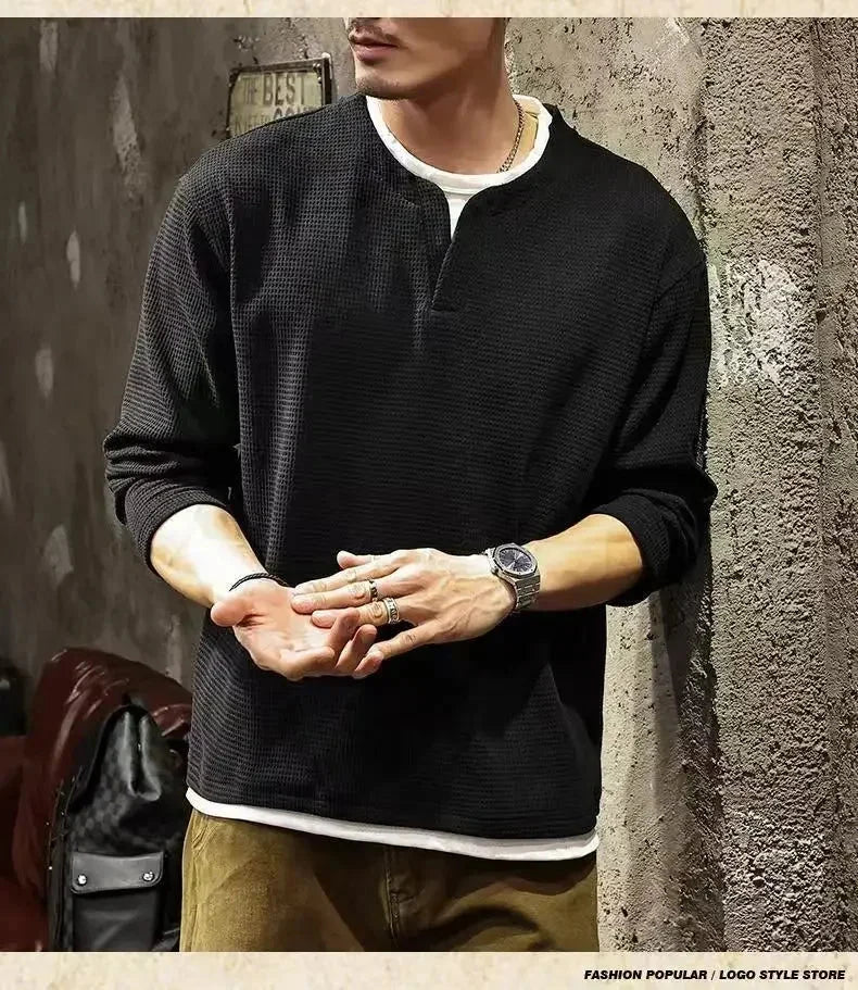 Spring and Autumn New Men Henley neck T Shirt Long Sleeve Casual  Solid color T-Shirt Fashion Waffle Fake two-piece Sweatshirts Shopifynow