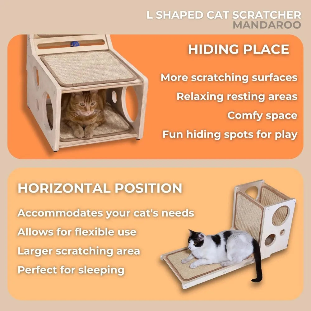 L Shaped Cat Scratch Pad with Toy – Sisal Cat Scratcher Post & Hideaway for Indoor Cats | Vertical & Horizontal Corner Scratchin