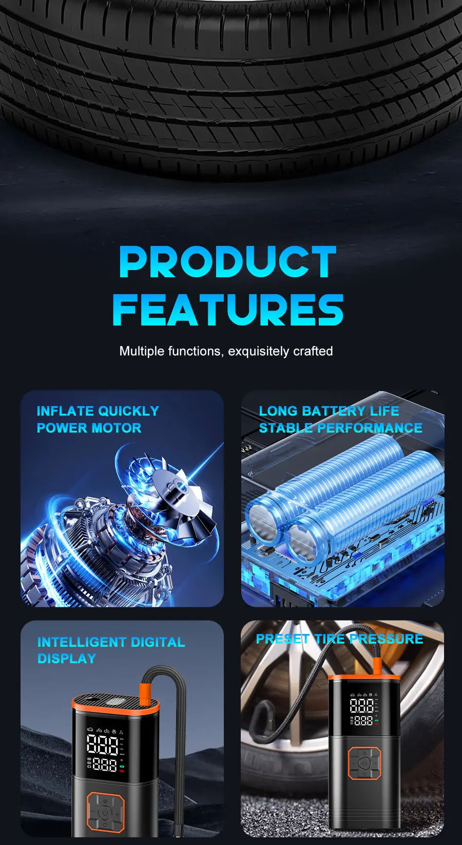 Digital Display Portable Tire Inzzator, USB Rechargeable Air Compressor for Car Bike Motorcycle Tires, Balls, Inflatable Toys - Shopifynow