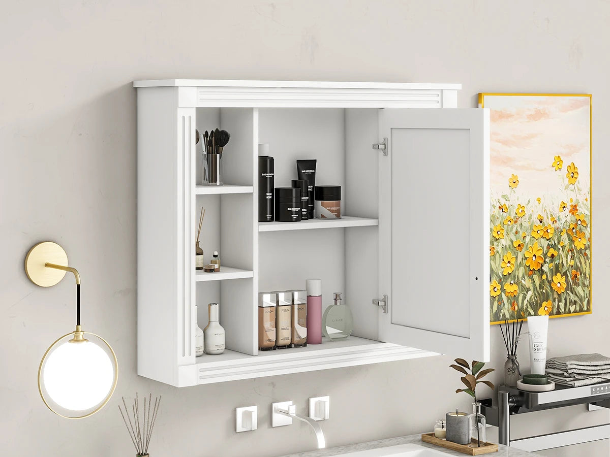 35'' x 28'' Wall Mounted Bathroom Storage Cabinet, Modern Bathroom Wall Cabinet with 6 Open Shelves And Mirror