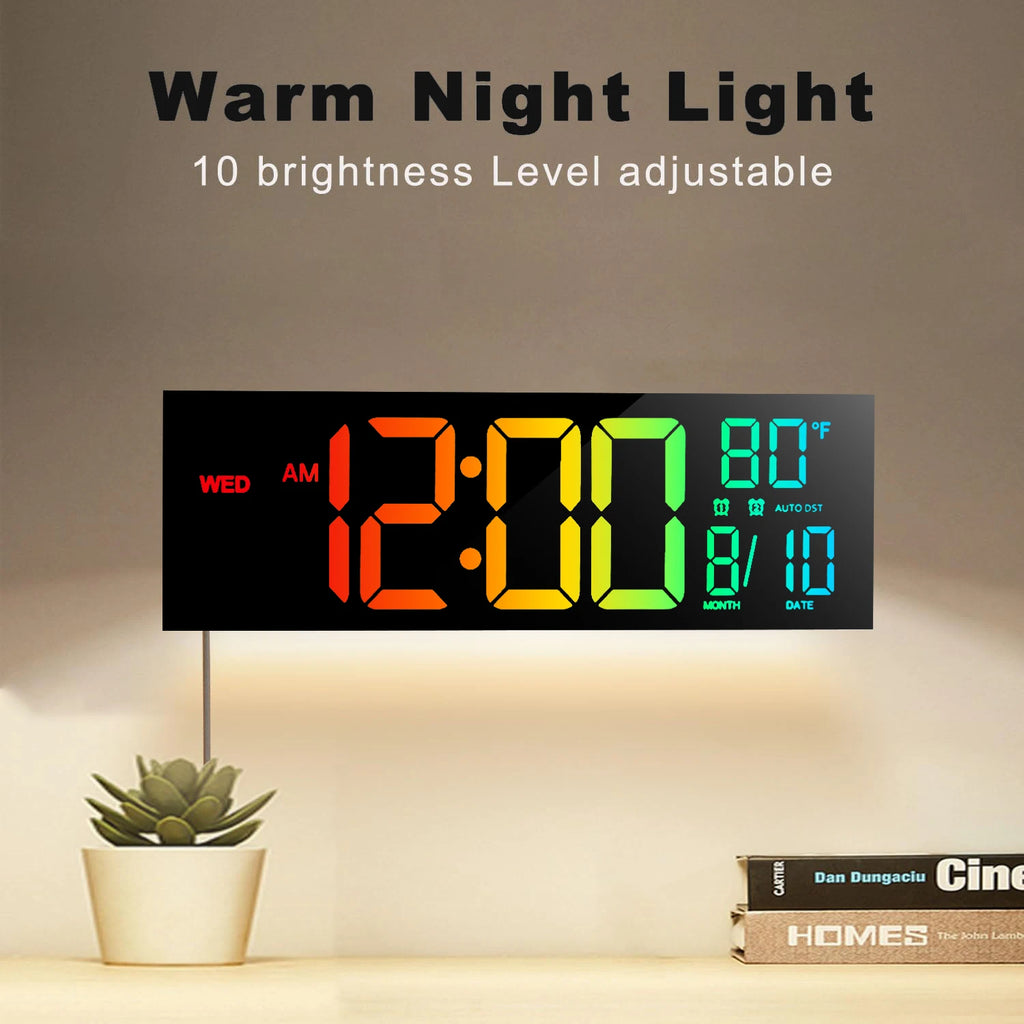 16" Large Digital Wall Clock, Big LED Display with Remote, 8 RGB Color, Alarm, DST, Temperature for Living Room, Kitchen Shopifynow