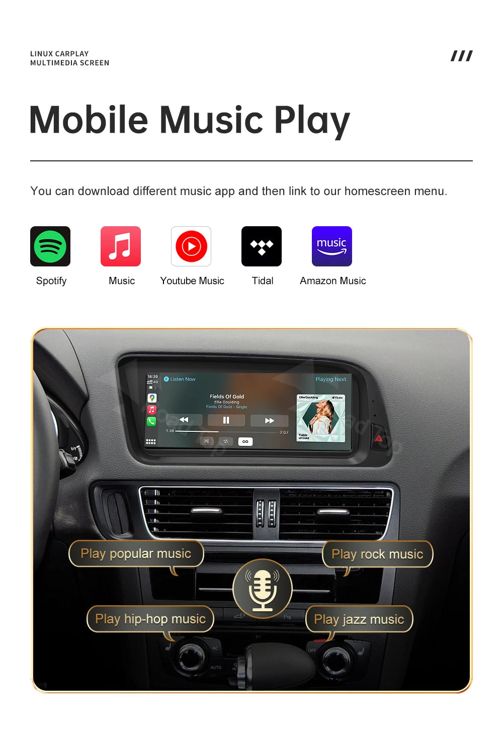 12.3' RoadTop Wireless CarPlay Multimedia Linux Screen Android Auto For Audi Q5 2009-2017 Airplay Autolink Function - Shopifynow