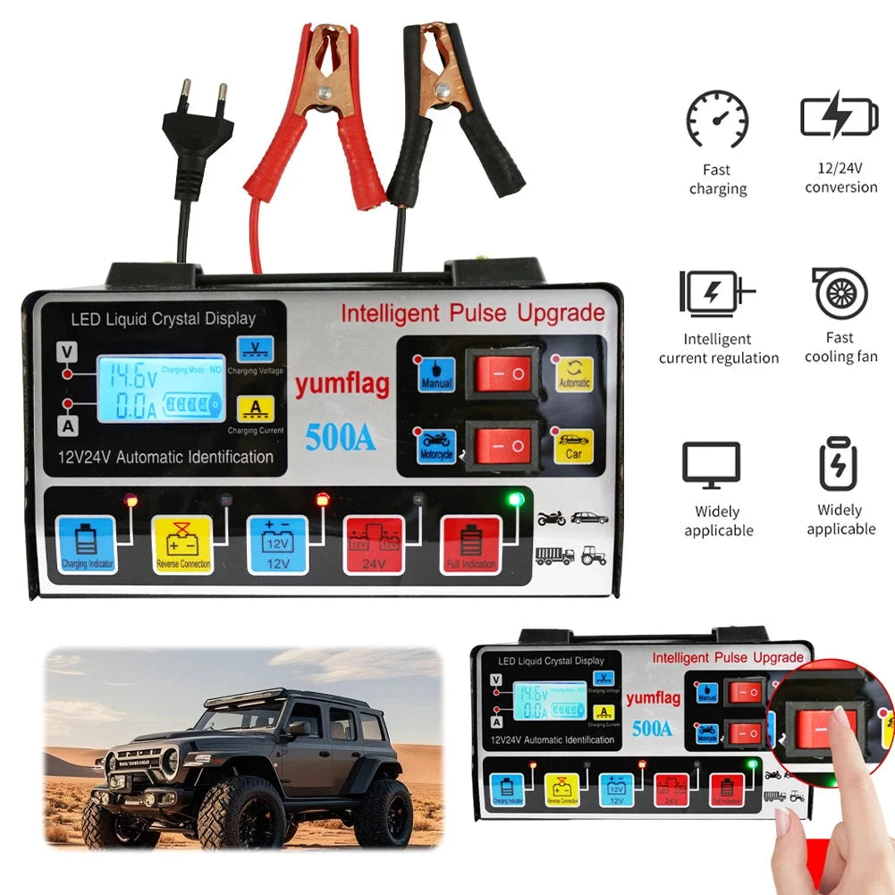 500A Battery High Power Fast Charger 12V/24V Car Battery Charger LCD Display Smart Charger for Lead-Acid AGM GEL EFB Batteries Shopifynow