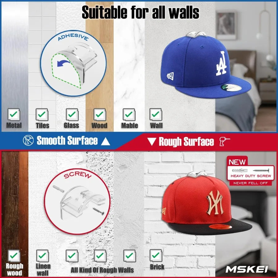 Hat Hooks for Wall 2 Different Ways Hat Racks and Display Baseball Caps Adhesive Hat Wall Hanger Hat Organizer Holder Transpare