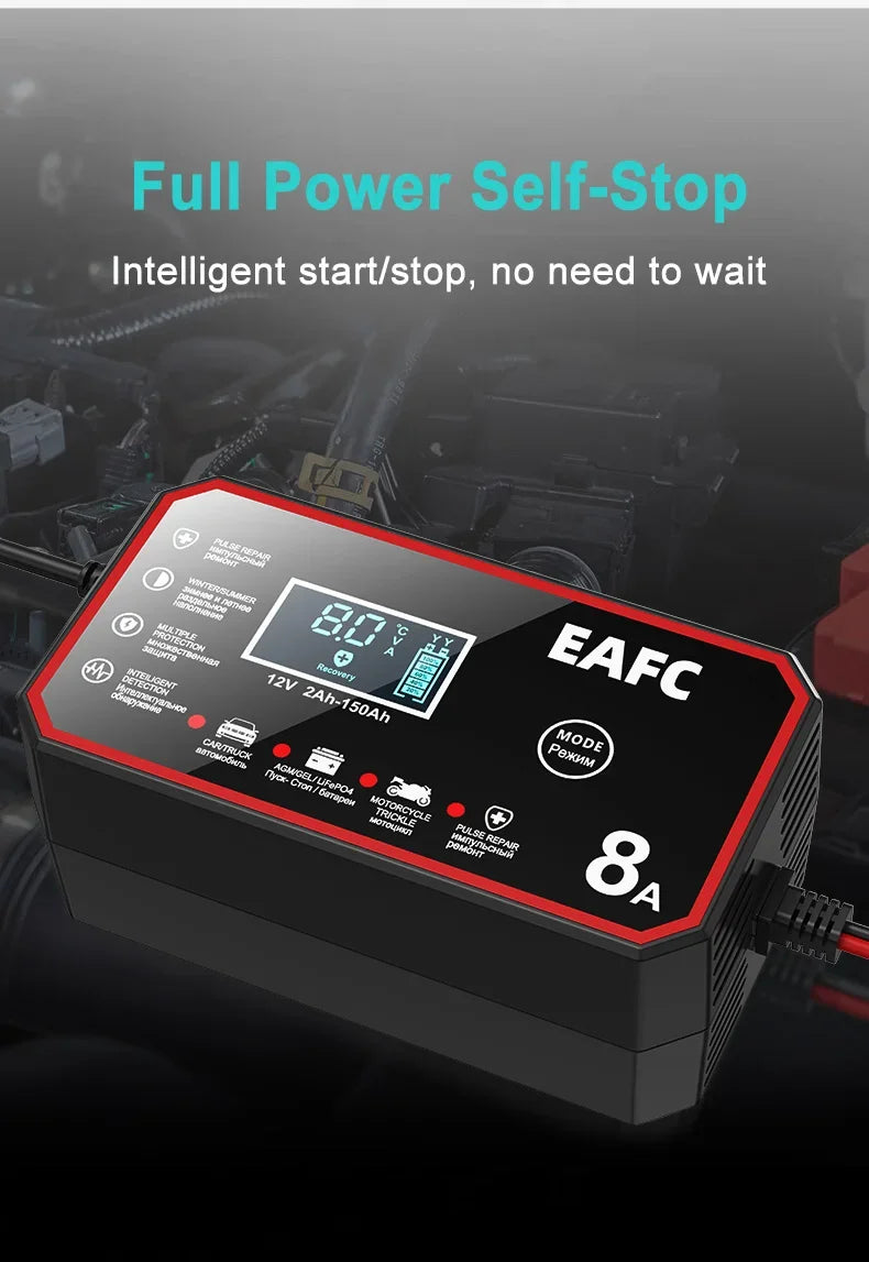 12V 8A Smart Car Battery Charger Automatic Start Fast Charger Pulse Repair Motorcycle Truck Battery Charger GEL Lead Acid