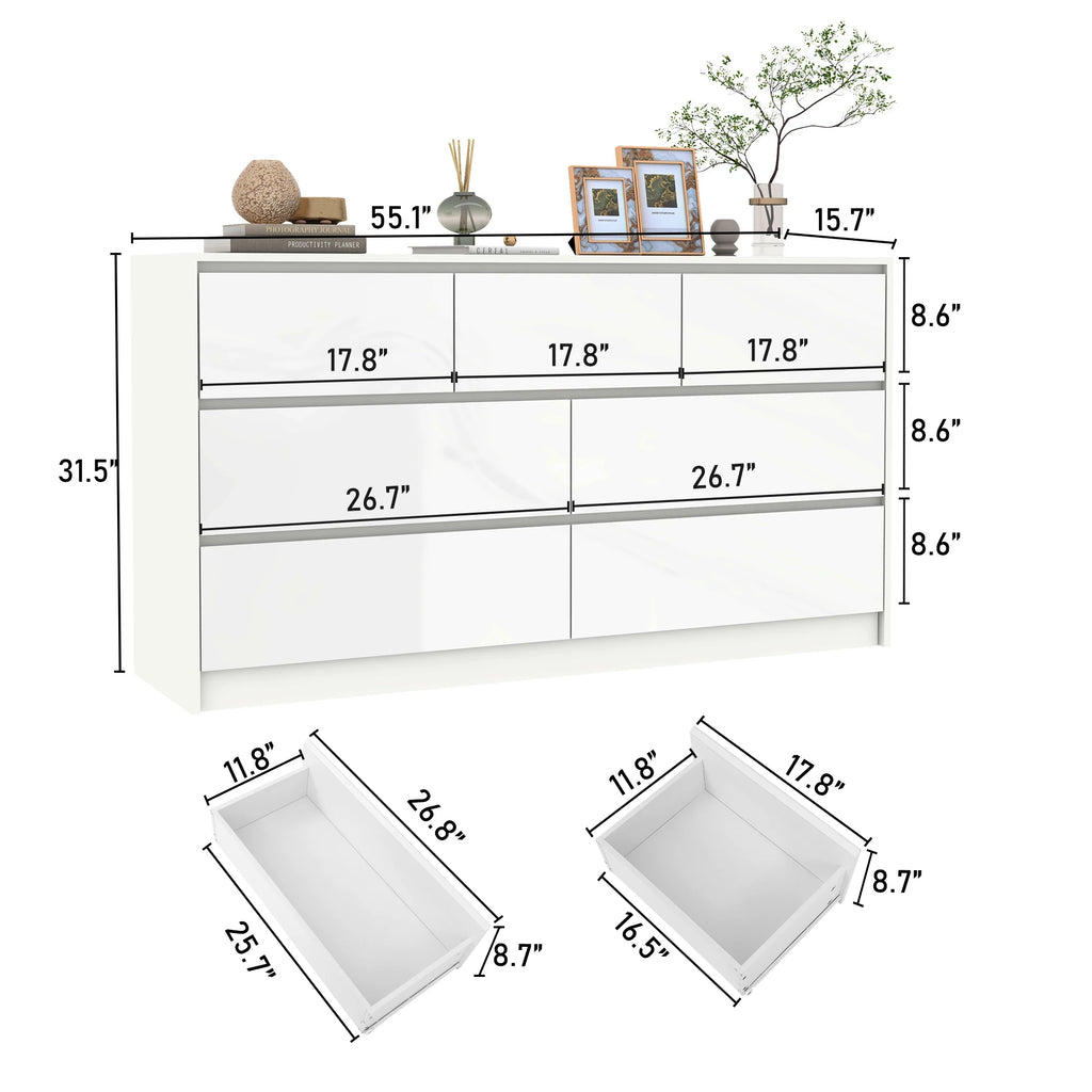 7 Drawer Dresser for Bedroom, 55 Inch Modern Dresser with High Gloss Drawers, Large Wood Chest of Drawer, White/Black Shopifynow