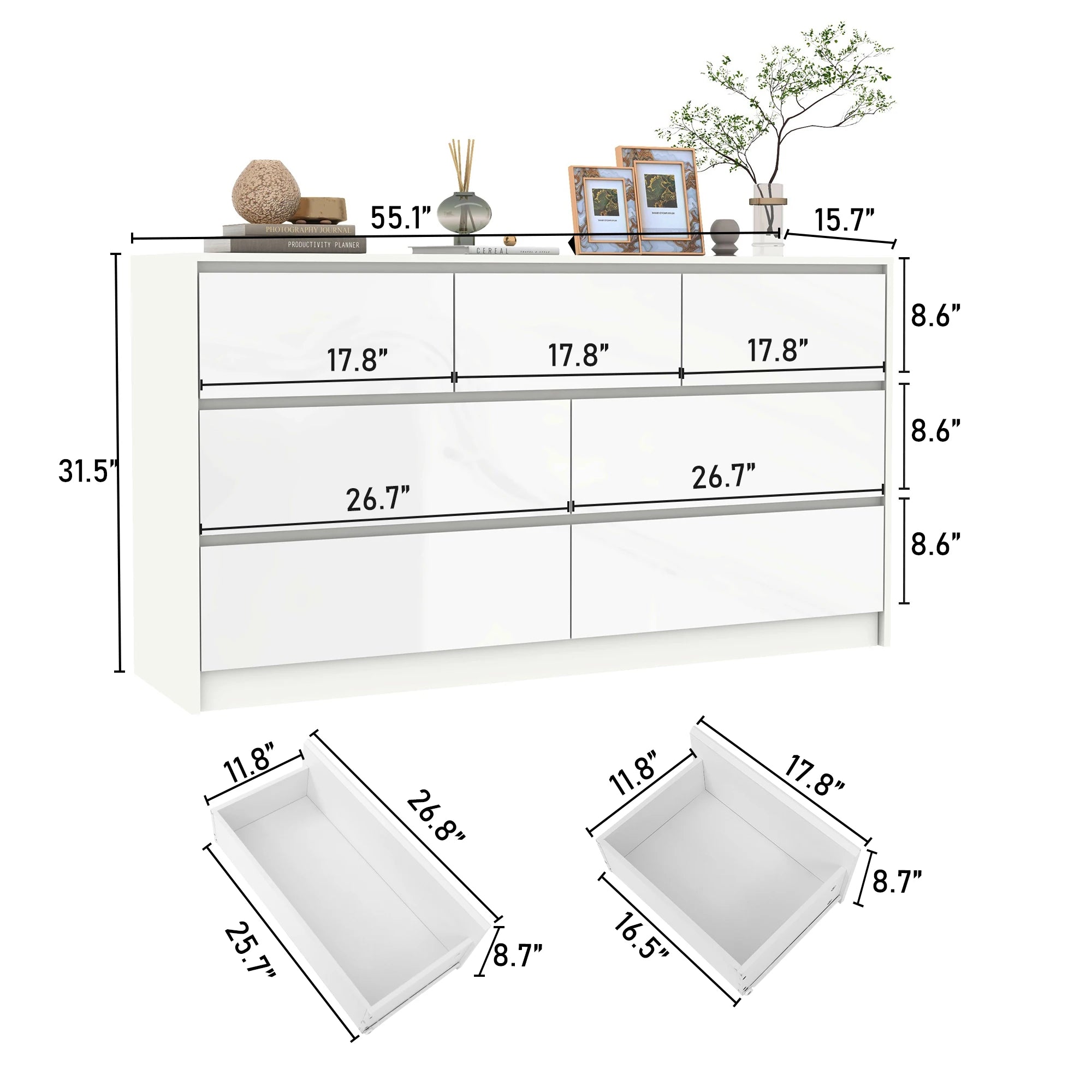 7 Drawer Dresser for Bedroom, 55 Inch Modern Dresser with High Gloss Drawers, Large Wood Chest of Drawer, White/Black Shopifynow