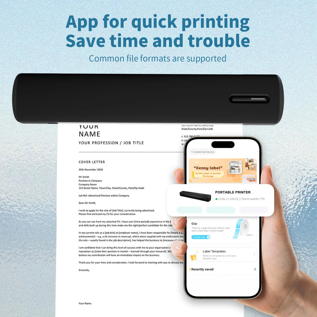 Inkless Portable Printer Thermal Wireless for Travel A4 Printer HD C80 300DPI US Compatible Android /Windows/Mac/IOS School Car Shopifynow