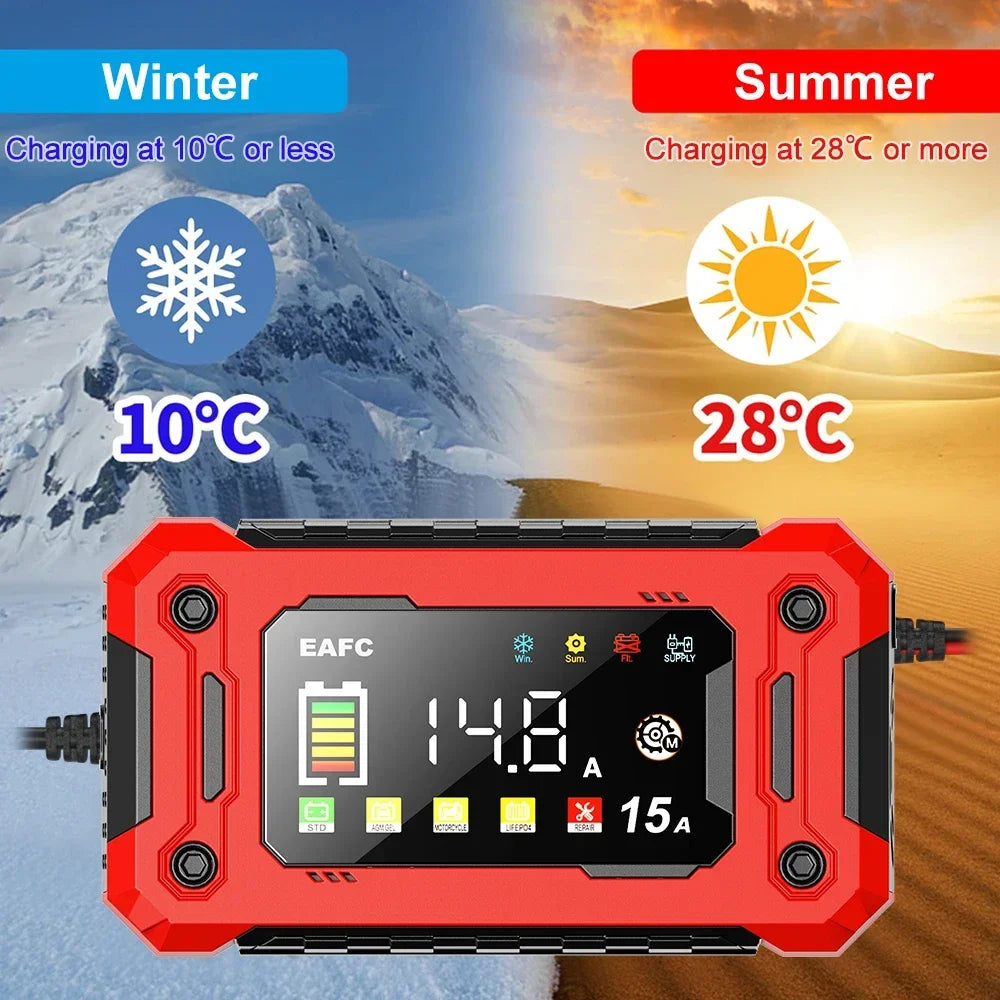 12V15A Car Smart Pulse Repair Charger suitable for cars, motorcycles, boats, AGM, GEL, WET lead-acid batteries