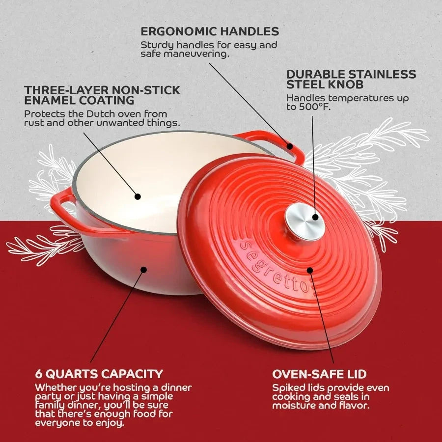 Enameled Cast Iron Dutch Oven with Handle, 6 Quarts, Rosso (Gradient Red) Cast Iron Dutch Oven with Lid | Enameled Crock Pot Dut Shopifynow
