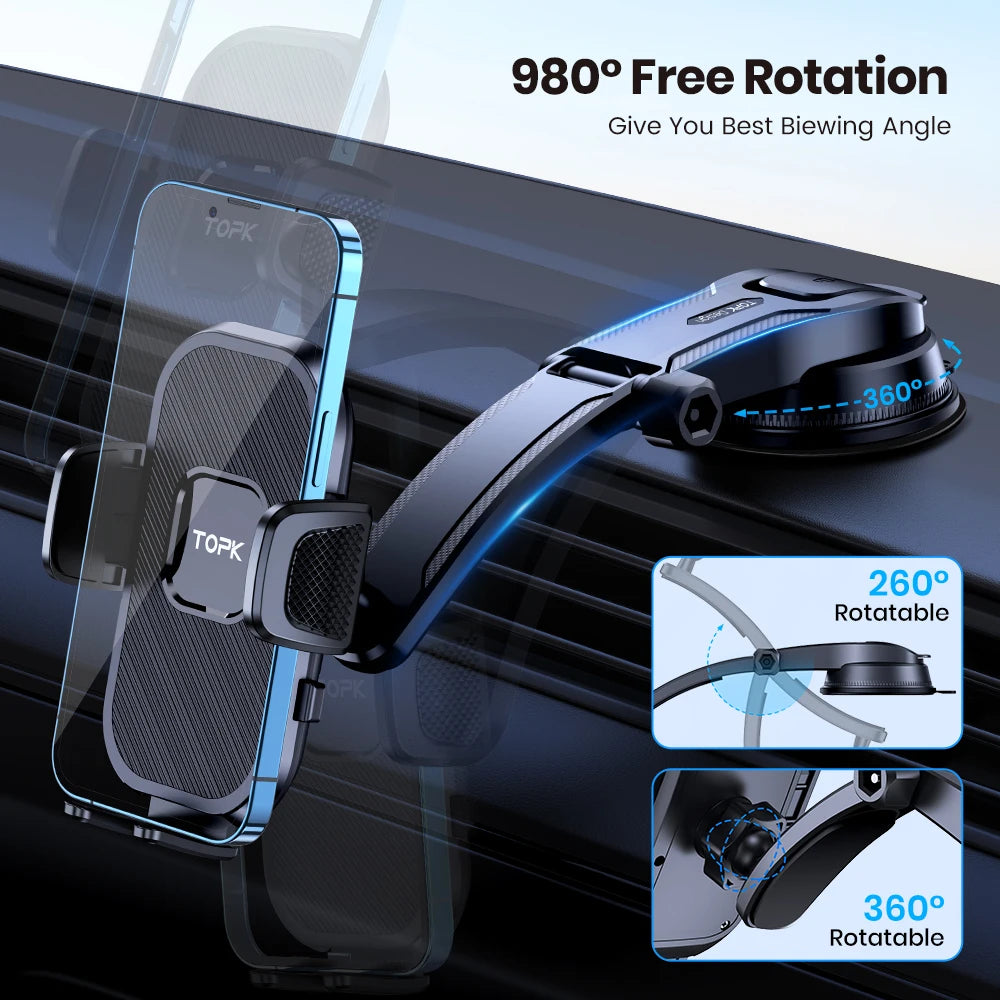 TOPK Universal Car Phone Holder Dashboard Mount for iPhone Android 360° Rotatable Anti-Slip Easy Install Compact Design Durable Shopifynow